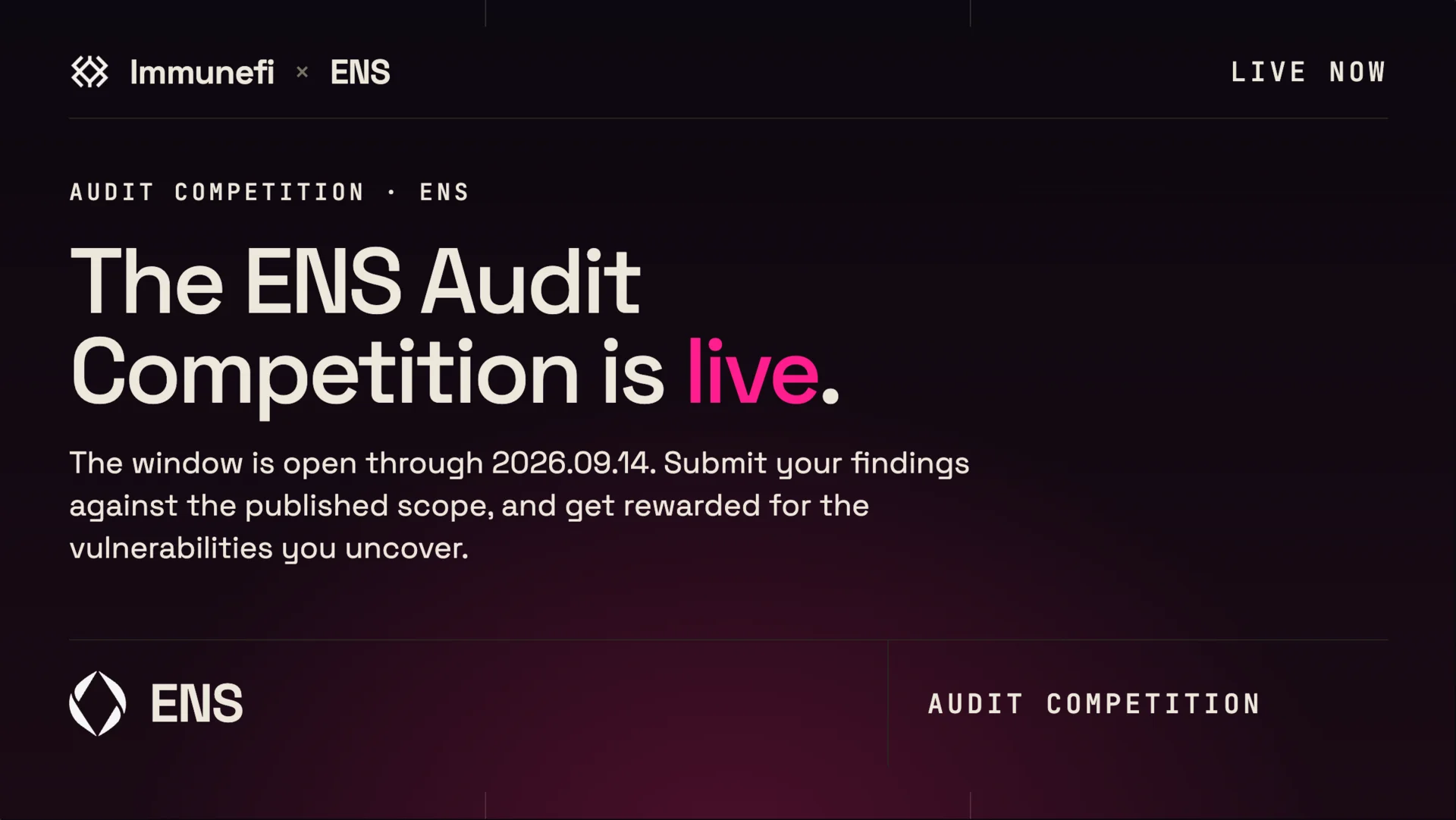 The ENS Audit Competition is live. The window is open through 2026.09.14. Submit your findings against the published scope, and get rewarded fro the vulnerabilities your uncover.
