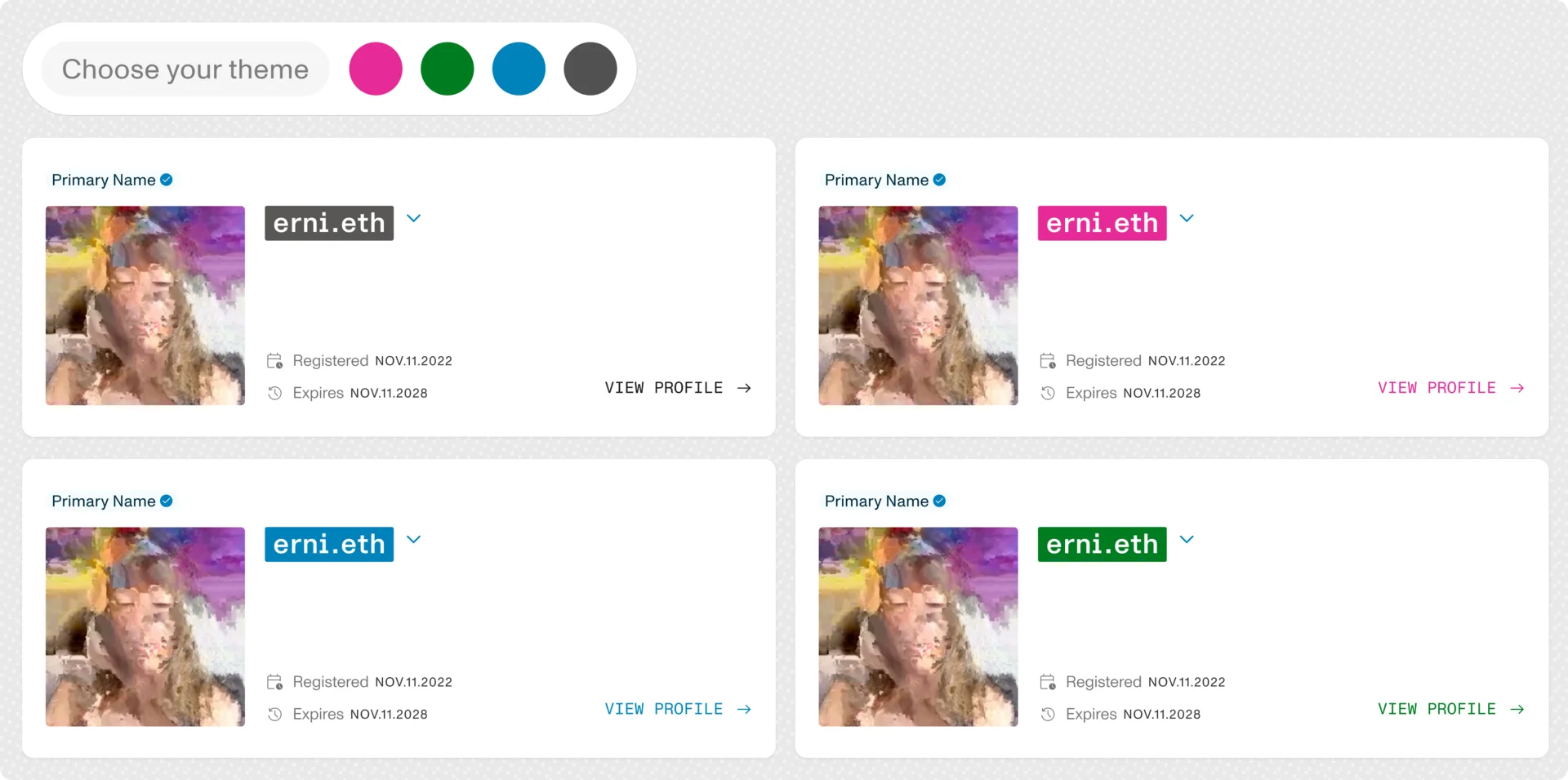 ENS App profile for erni.eth shown in four customizable theme colors, with blue, pink, green, and dark theme options.