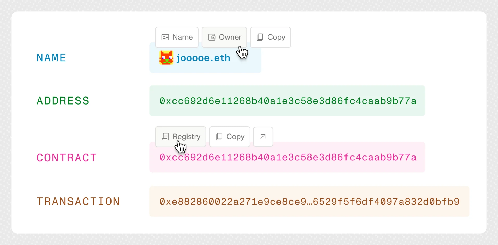 ENS Explorer entity highlighting showing a name, wallet address, contract address, and transaction hash in distinct colors.