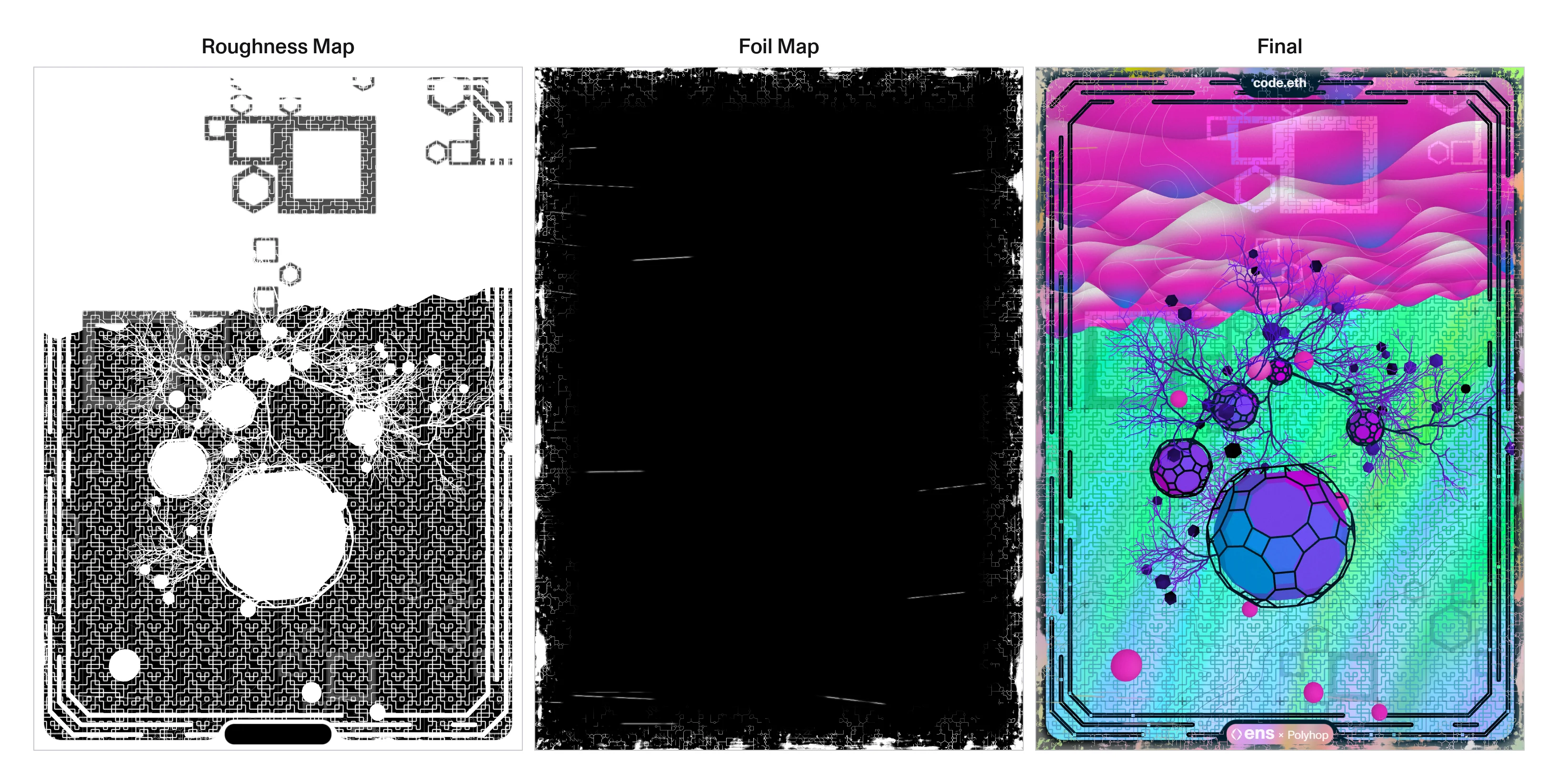 Three panels labeled Roughness Map, Foil Map, and Final show the texture layers beside a finished pink-and-turquoise card.